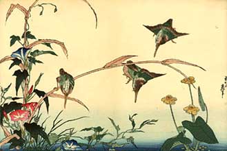Kacuika Hokusai - Ledci na behu potoka mezi svlaci a blatouchy, 1848, list z alba Ptci a kvtiny, barevn devoez
