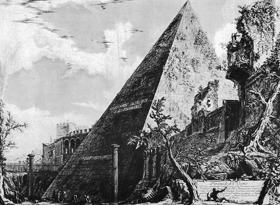 Giovanni Battista Piranesi: Pyramida Gaia Cestia (z cyklu msk veduty, 1761)