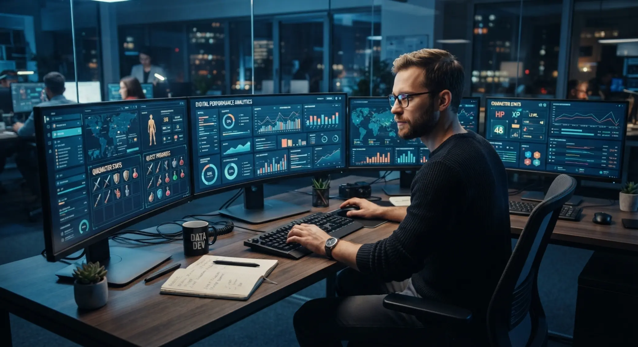 Analytická práce v iGaming obsahu Analytik pracující u počítače se statistikami a přehledy herních dat
