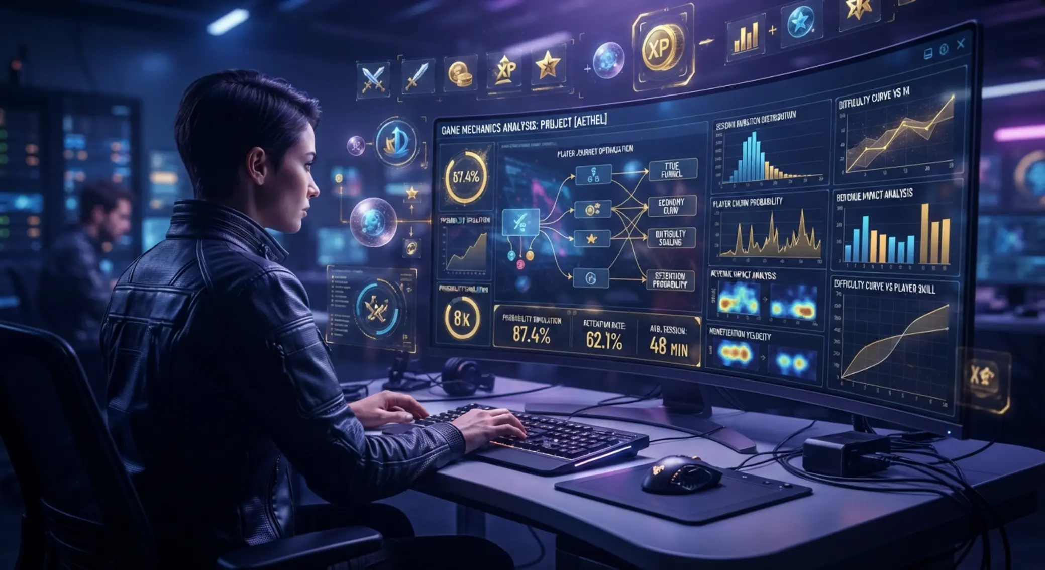 Analýza herních mechanik a trhu Grafy, herní symboly a analytický dashboard znázorňující hodnocení herních mechanik
