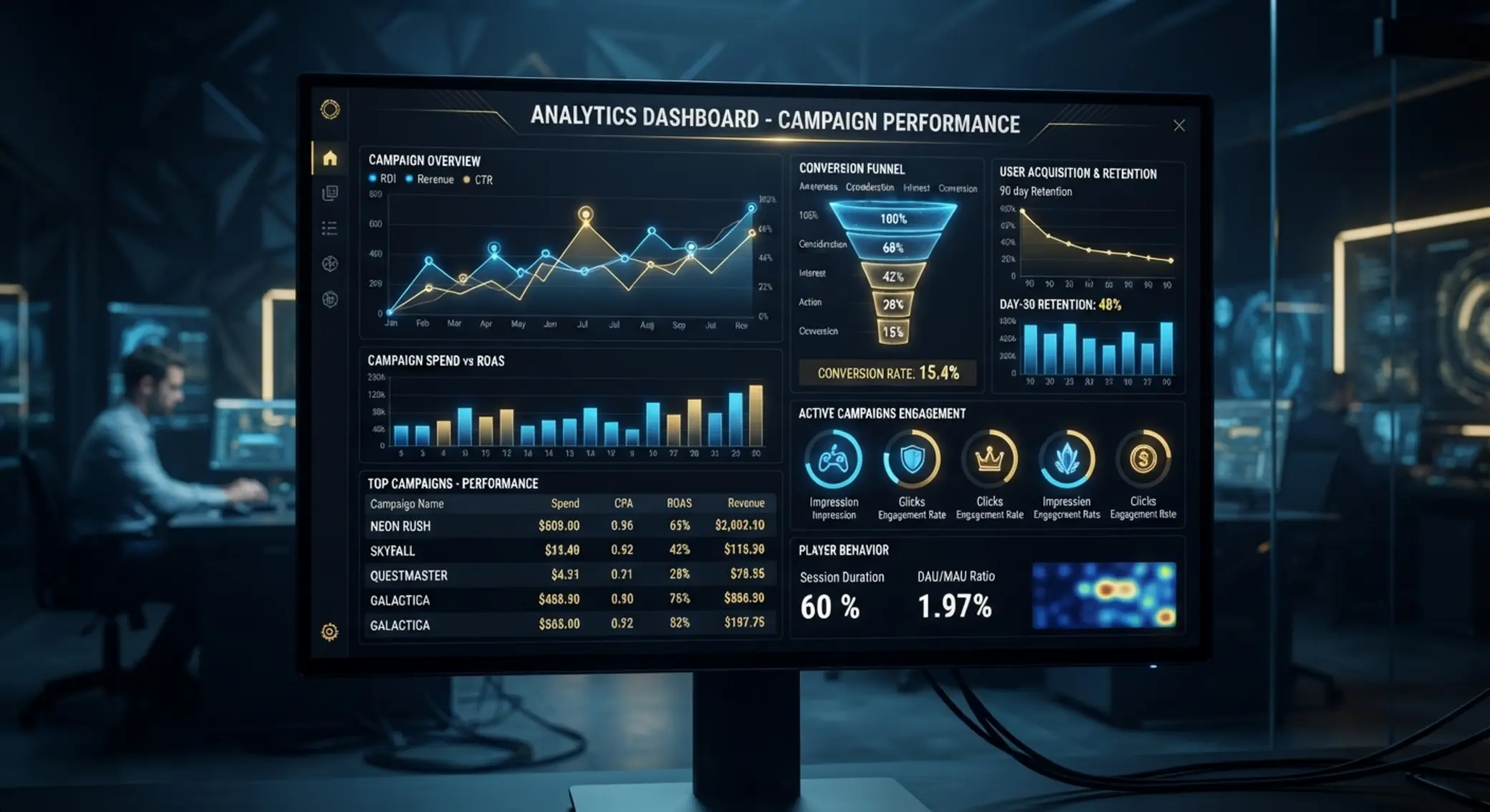 Dashboard s grafy výkonnosti kampaní a herními ikonami