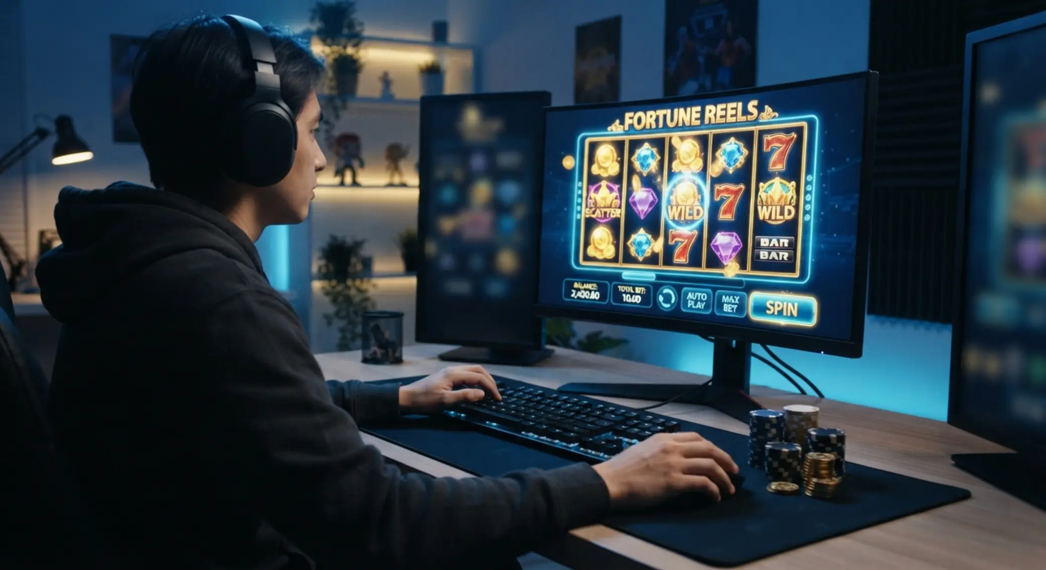 Online hraní na počítači se symboly automatů a žetony