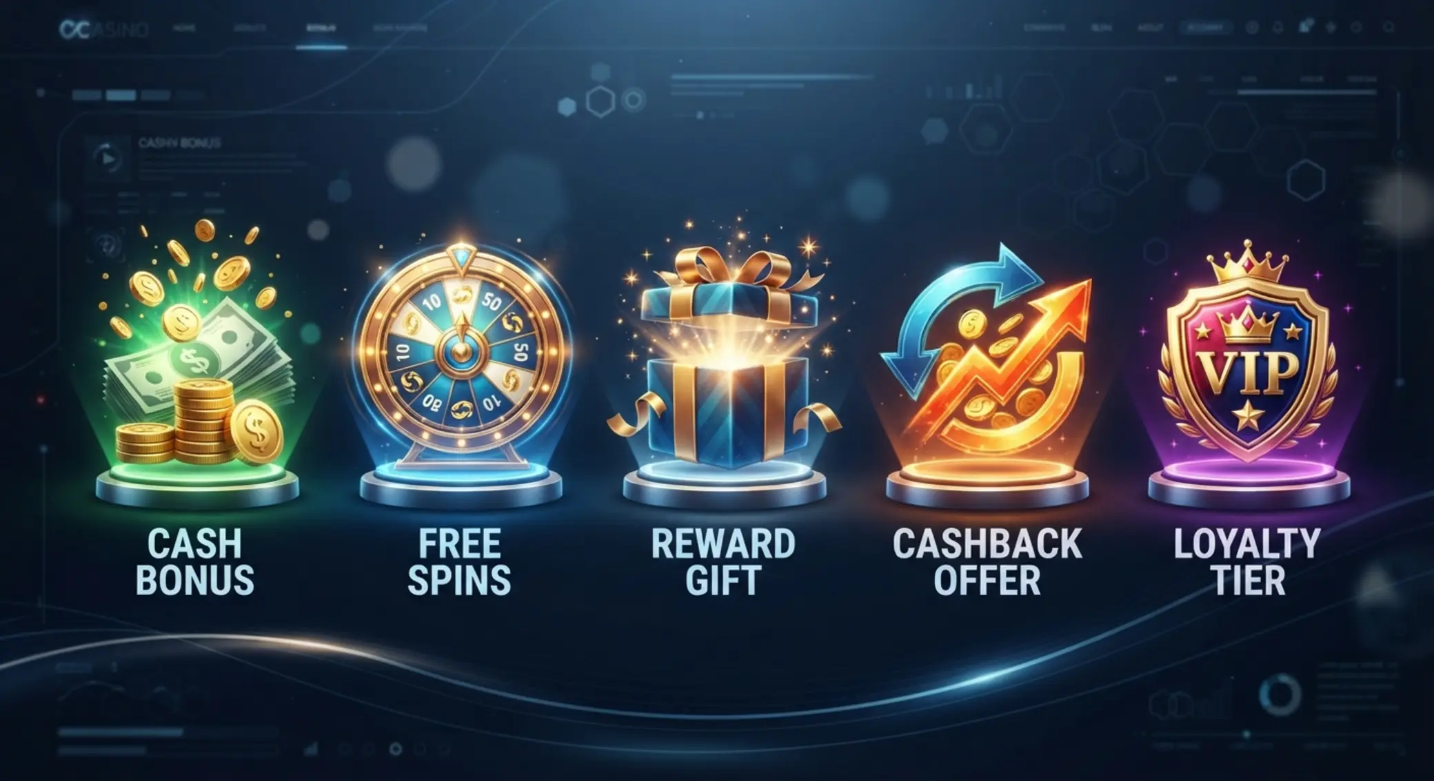 Ikony různých typů bonusů: peníze, free spiny, dárek a cashback