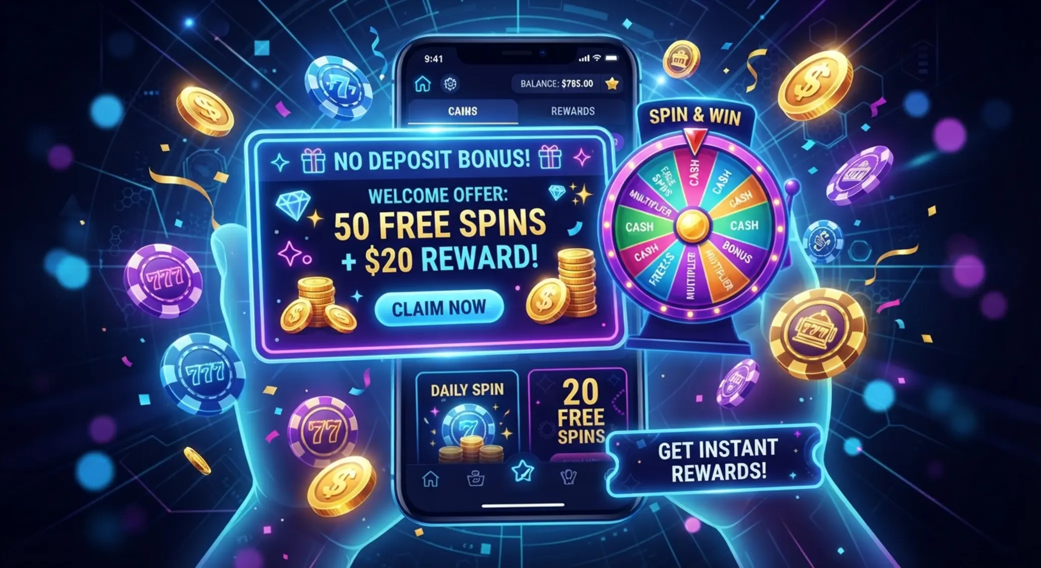No deposit bonusové kódy zdarma Ilustrace voucheru bez vkladu a free spinů v mobilním rozhraní