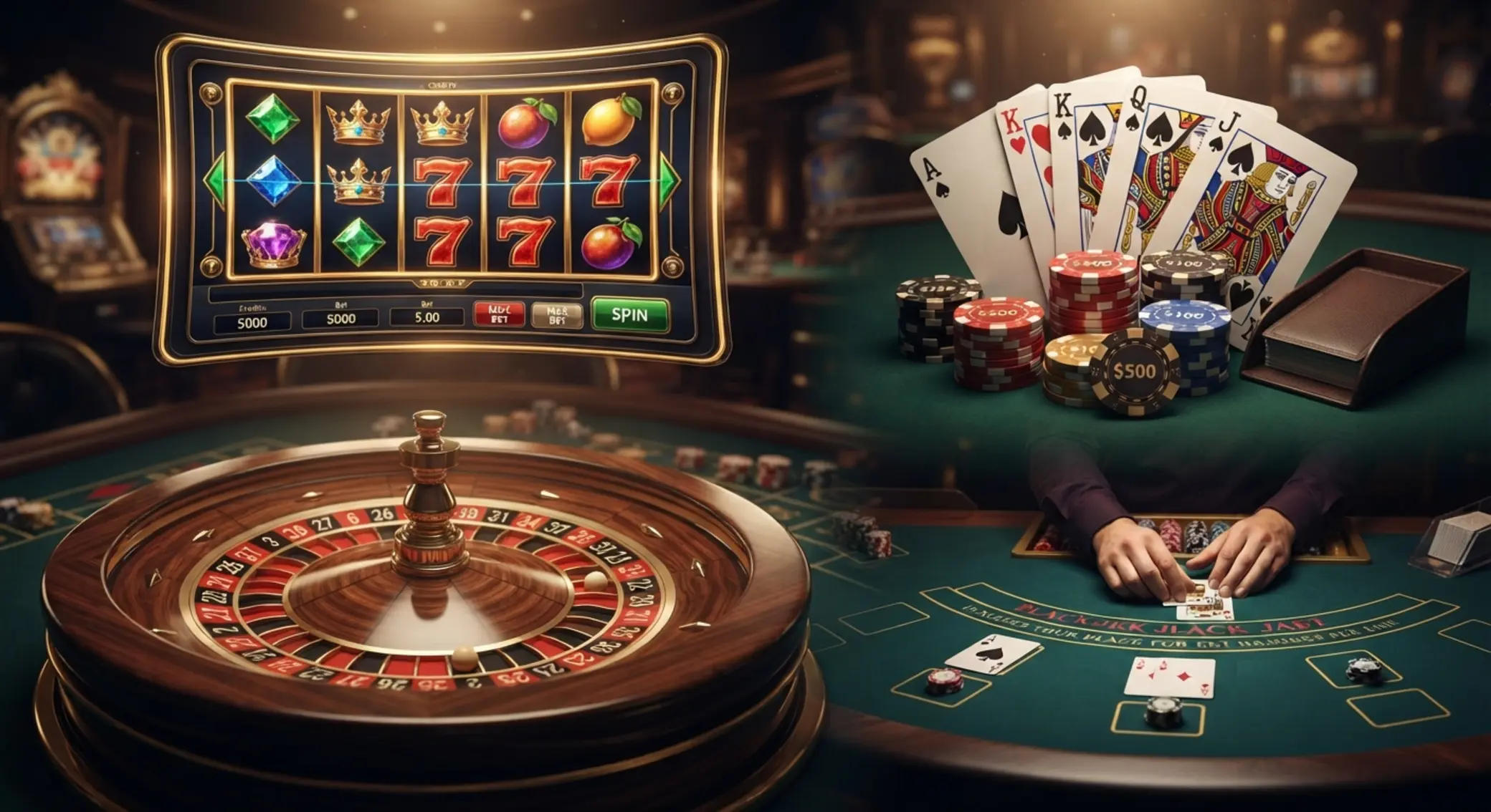 Koláž her: automat, ruletové kolo, karty a žetony