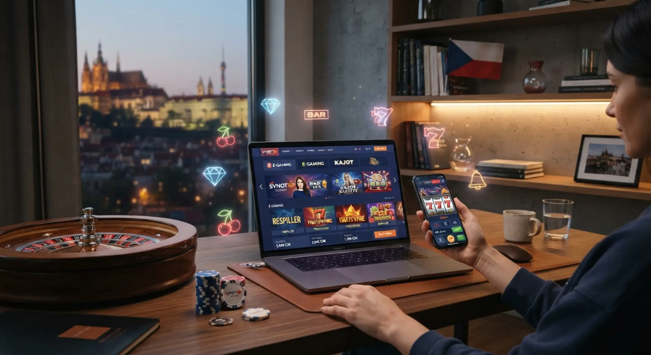 Mobil a notebook s online herním rozhraním v českém stylu
