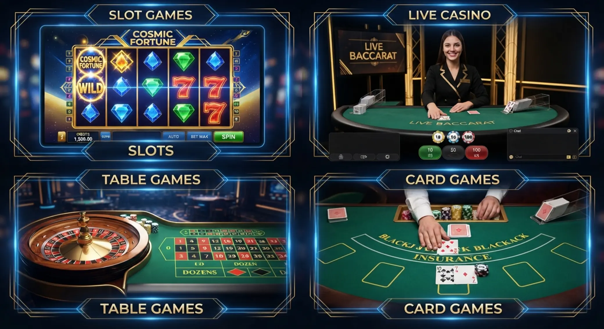Koláž různých typů online her: automat, ruleta, karty a live studio