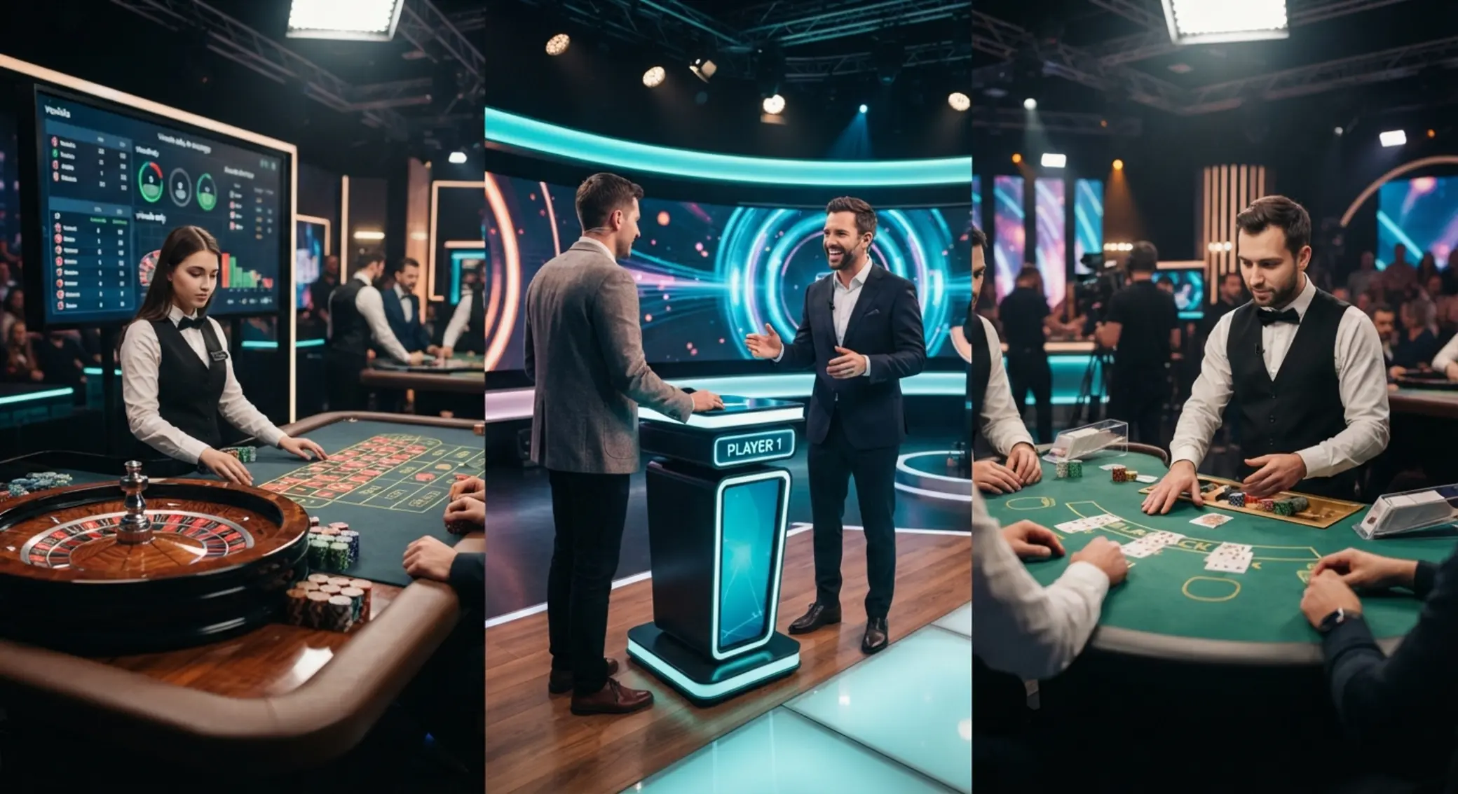 Koláž live stolů s ruletou, blackjackem a studiovou show