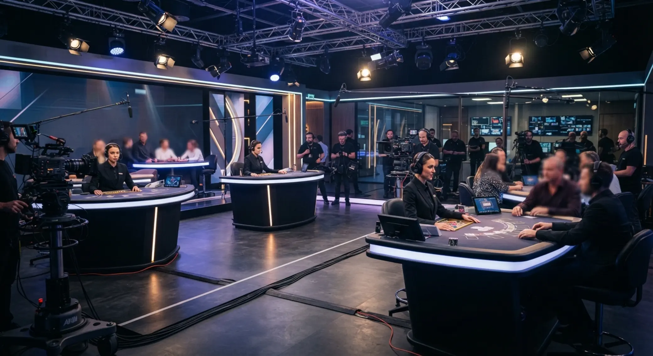 Live studio s několika stoly, kamerami a osvětlením