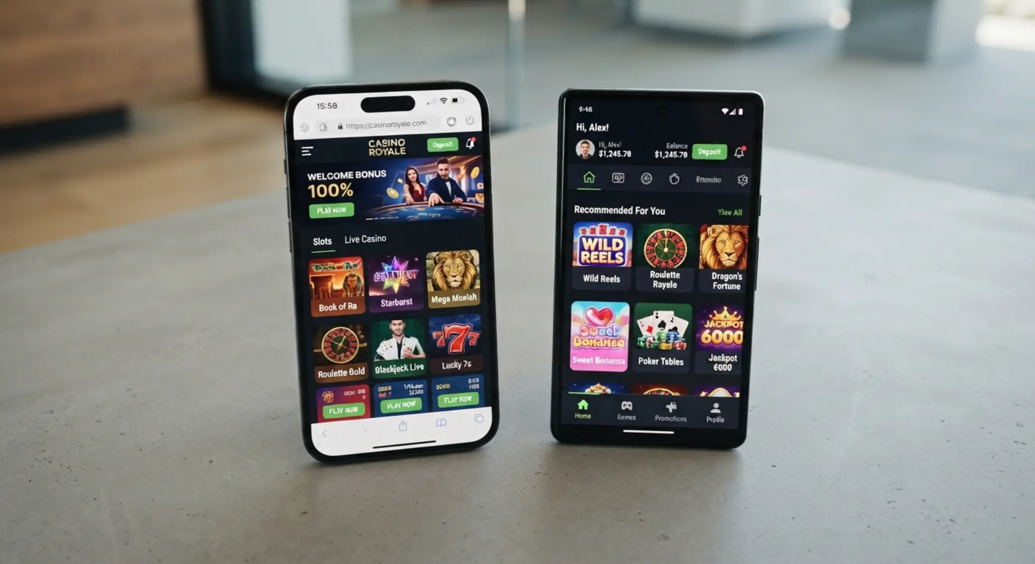 Dva telefony se zobrazením mobilního webu a aplikace pro online hry