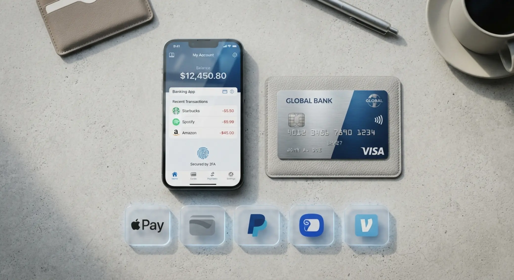 Mobil, karta a bankovní aplikace pro platby v online prostředí