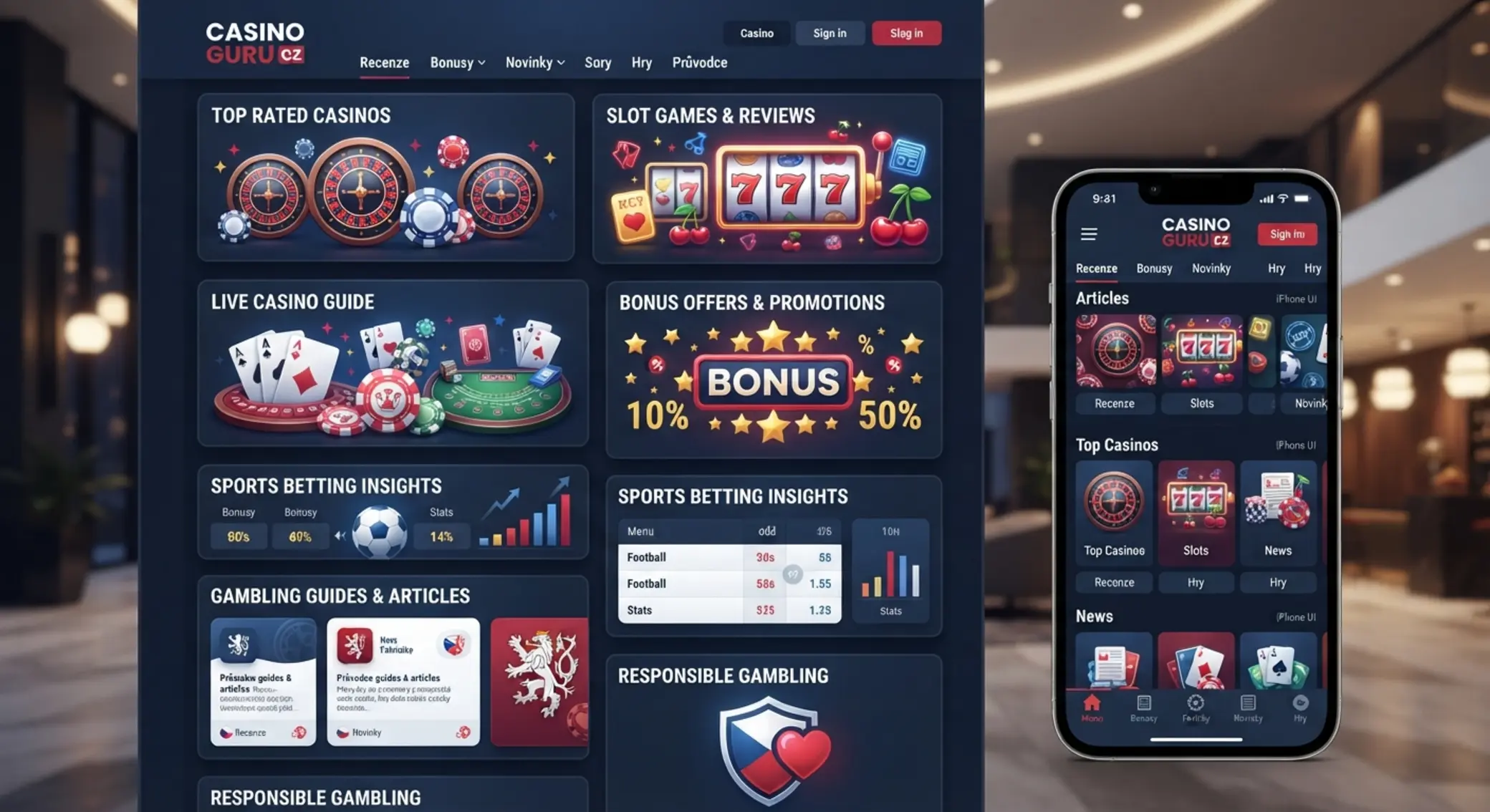 Přehled hlavních sekcí webu Radioservis Casino a typů her