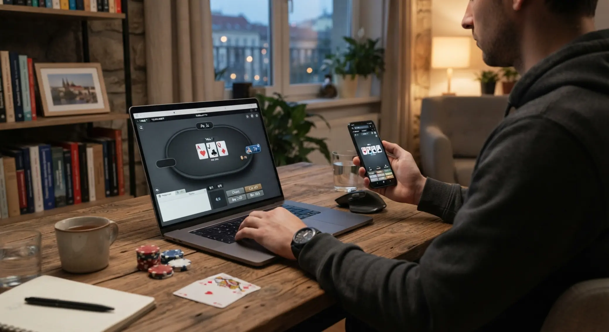 Hráč u notebooku a mobilu s otevřenou pokerovou hernou online