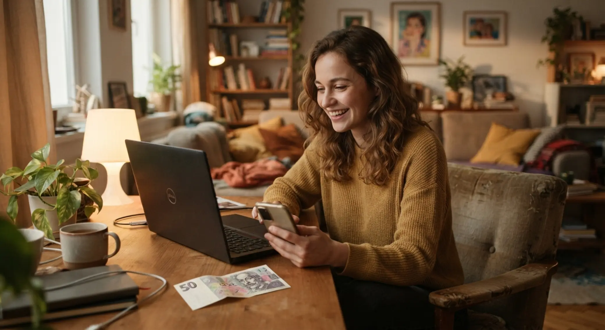Hráč doma s notebookem, mobilem a bankovkou 50 Kč