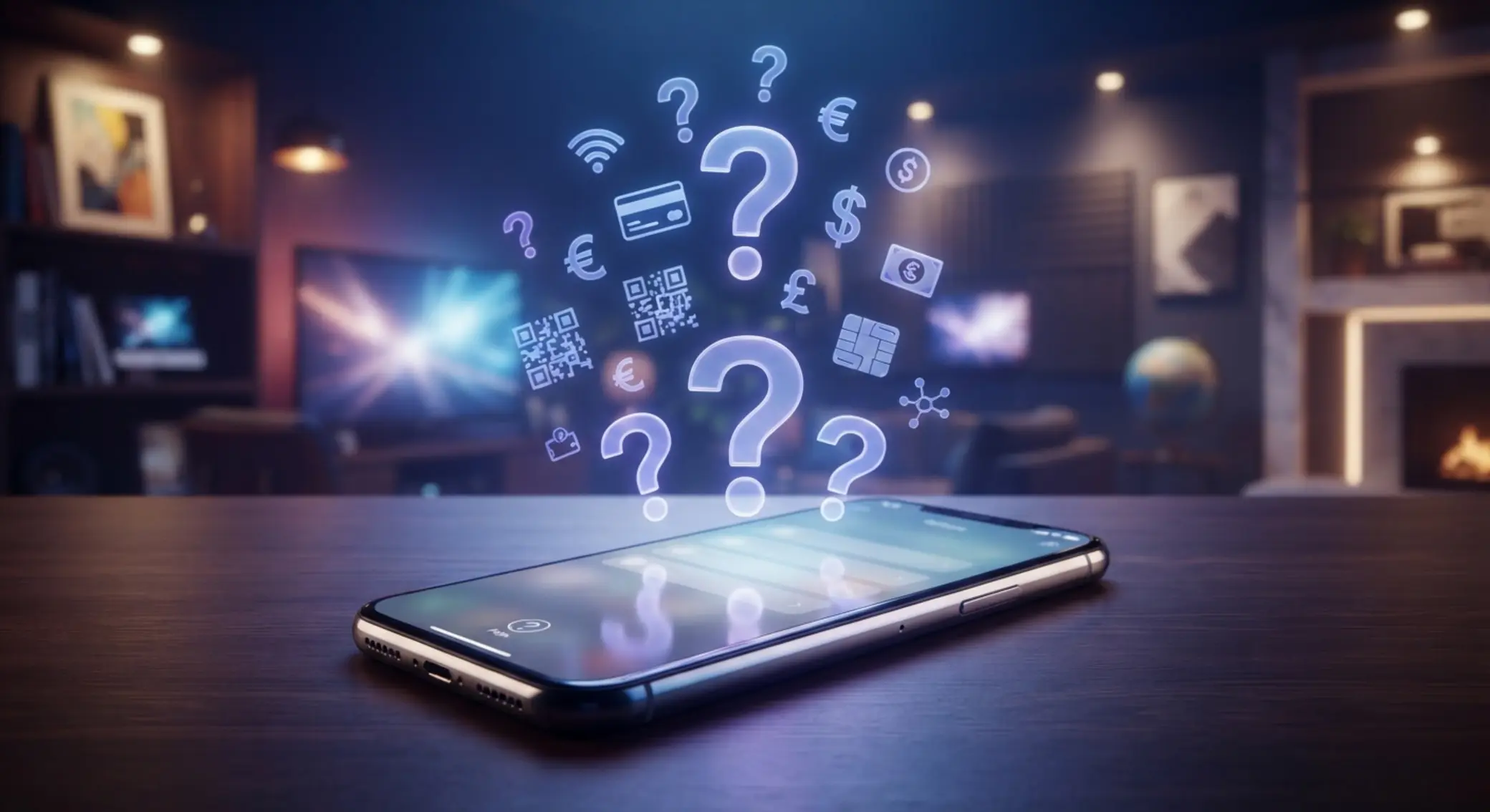 FAQ k mobilním platbám Ikony otázek nad mobilem k tématu mobilních plateb